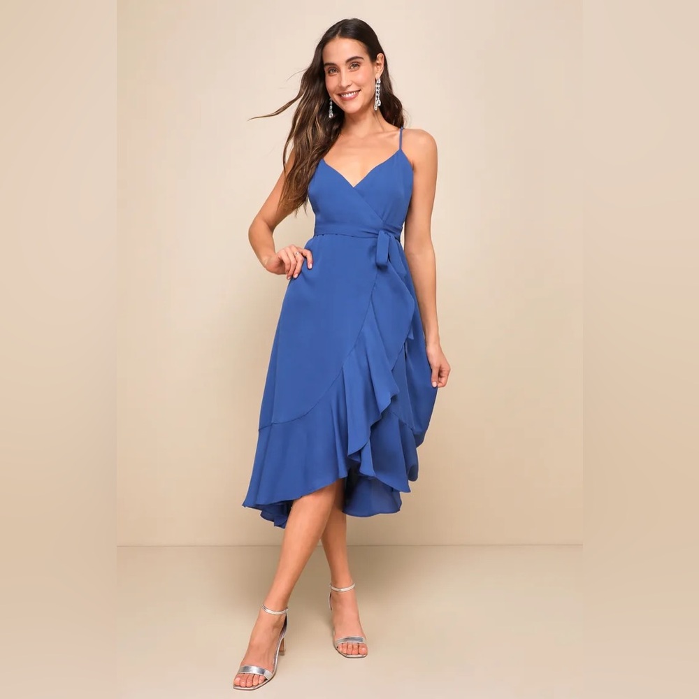 Lulu’s Manhattan Moment Blue Ruffled Midi Wrap Desss